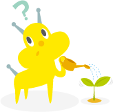 植物に水をあげながら考えているでんき犬のイラスト