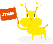 J-powerの旗を持っているでんき犬のイラスト