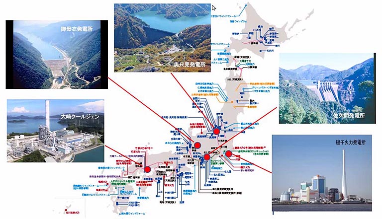 J-POWERは日本全国に数多くの発電所を有していますが、エネルギーと環境問題、地域との共生、新たな取り組みなどに関して、代表的な5つの事例が紹介されました。