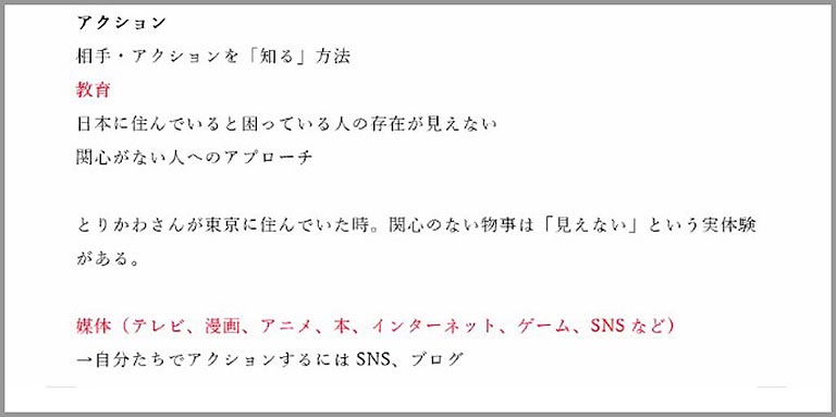 お互いの意見を丁寧に理解しながら議論を進めているようすがあり、特にラビットからは「人は見たいものしか見ないので、思考もその中でリピートし、その中での思考しかできないために、行動もその中でしかできない。だからそこを飛び越えるアクションが必要で、そのための様々な仕掛けから行動化を想定していたのは驚きだ」という声があがりました。