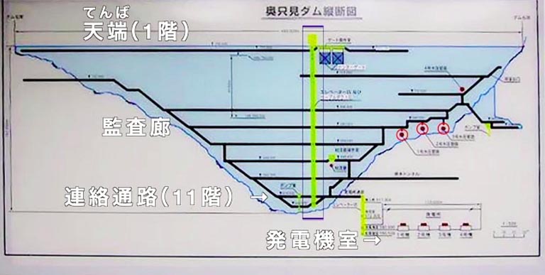 エレベーター内のパネルです。ダムの一番高いところの天端（てんば）から下に降りていきます。黄色はダム内部のエレベーター、赤い丸で囲まれているのは取水口です。黒い線はダムを点検するための監査廊という通路です。