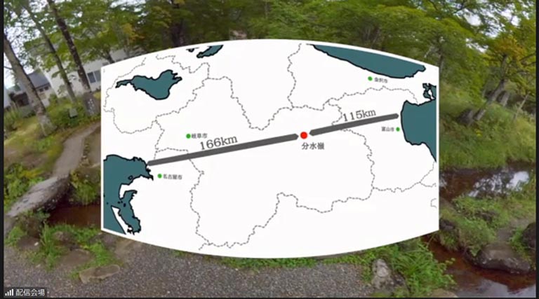 分水嶺から海までの距離は長良川が約166キロメートル、庄川は約115キロメートルと南側と比べ約50キロ短くなっています。このことからもわかるように、庄川の流れは急で水の落差が必要な水力発電に適しています。