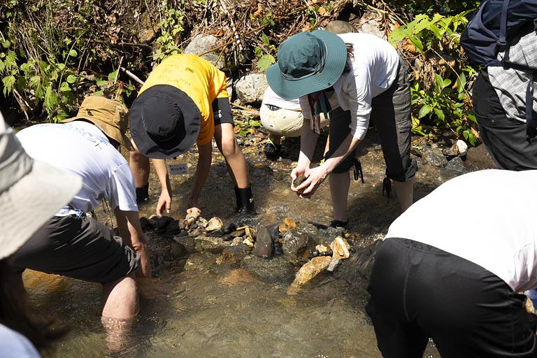 地道に石を集めて積みながら、水の流れをつくります
