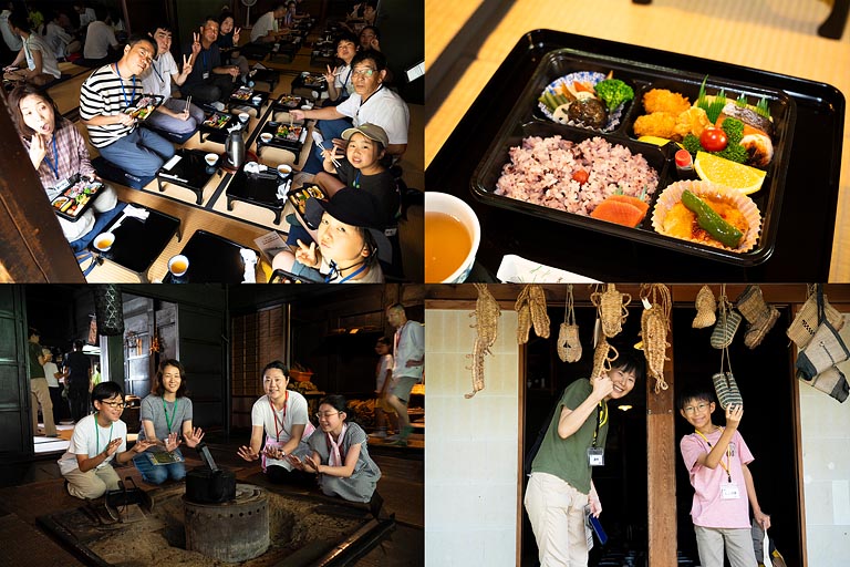 おいしいお弁当をいただいた後は、家屋内を自由に見学しました。囲炉裏を囲んだり、展示資料を読んだり、昔の暮らしについて親子で会話が弾んでいました