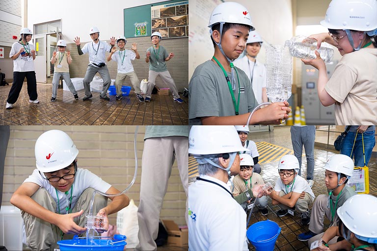 雲ができて雨が降り、たまった水を勢いよく落とすと、水車発電機が回転。コイルの中の磁石が回転し、電磁誘導によって電気がつくられ、ライトが点灯！