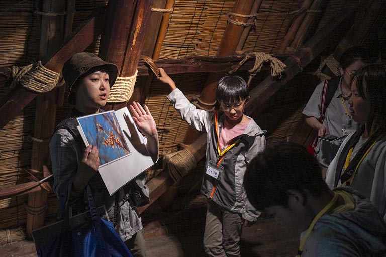 「リンリン」は、合掌家屋の「合掌」は人が手を合わせる形から名付けられたこと、屋根には釘が使われておらず「マンサク」という木の枝を使って屋根組が結ばれていること、屋根裏の構造を生かし養蚕が盛んに行われていたことなどを説明してくれました