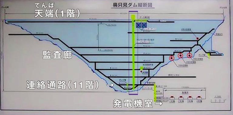 水を取り入れるための取水口は各発電機室の上にあります。4号発電機は電気がさらに使われるようになって、あとで増設したものです。4号機のための取水口は、1～3号機の取水口よりも少し上にあります。黄色いラインがエレベーターです。黒いラインは、ダムを点検するための通路で「監査廊」と呼ばれています。