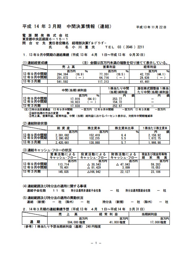 平成14年3月期 中間決算要旨 P1